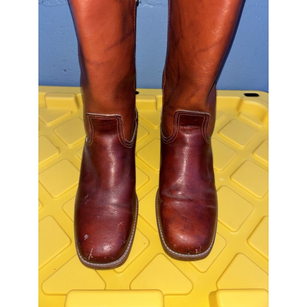 Vintage 1970s Dingo Cognac Brown Leather Tall Pull On Stacked Heel Size 11 RARE